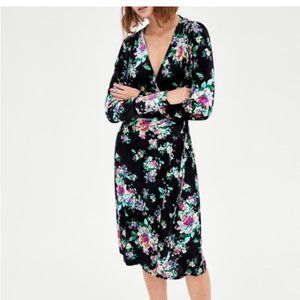 ZARA Floral Printed Velvet Midi Kimono Wrap Dress